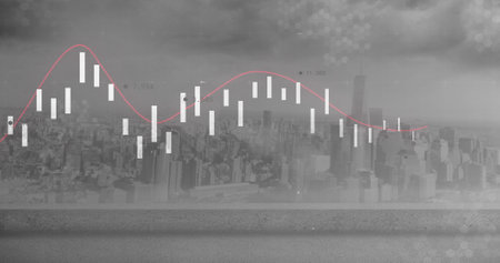 Image of data processing and diagrams over cityscape. Global business and digital interface concept digitally generated image.の写真素材