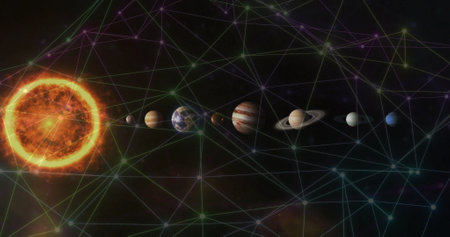 Image of network of connections over solar system. Global connections, computing and data processing...