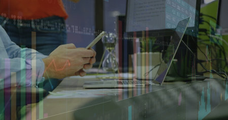 Image of financial data processing over caucasian man using smartphone. Global finance, business,...