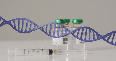 Image of dna strand and data processing over vaccination. Global science, medicine, connections, computing and data processing concept digitally generated image.の写真素材