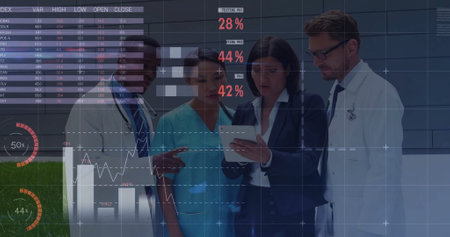 Image of statistics and data processing over diverse doctors. Global medicine, connections,...