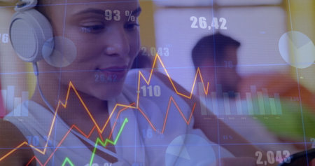 Image of financial data processing over caucasian woman using smartphone. Global finance, business,...