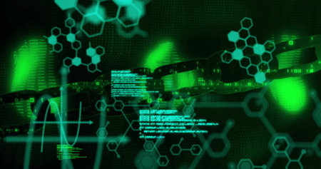 Image of chemical formula and data processing over chain on black background. Global science,...