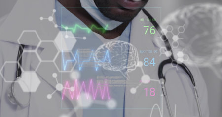Image of molecules with brain and data processing over african american male doctor in hospital....