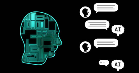 Image of ai chat and digital human on black background. Business, technology and digital interface...