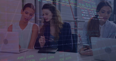 Image of data processing and diagrams over diverse business people discussing work. Business, technology and digital interface concept digitally generated image.の写真素材