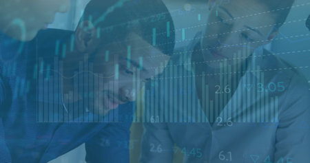 Image of financial data processing over diverse business people in office. Global finance, business,...