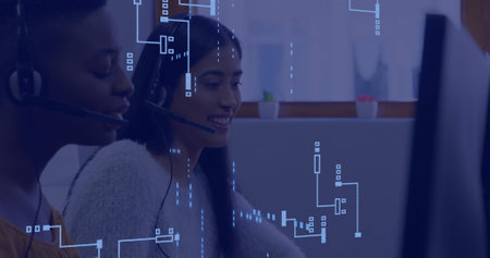 Customer service representatives working with headset, digital network image overlay. Call center,...