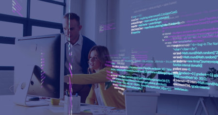 Computer code image over business people collaborating in modern office. Technology, coding,...