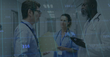 Image of financial data processing over diverse doctors. Global medicine, connections, computing and data processing concept digitally generated image.の写真素材