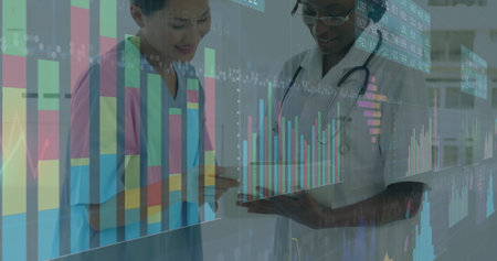 Image of financial data processing over diverse doctors. Global medicine, connections, computing and data processing concept digitally generated image.の写真素材