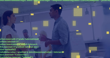 Digital data and coding image over business people shaking hands in office. handshake, technology, collaboration, agreement, deal, partnershipの写真素材