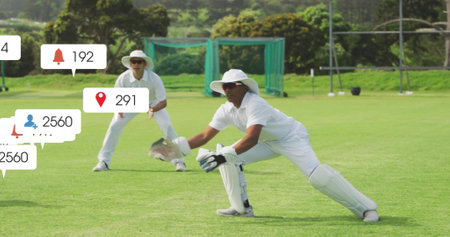 Image of icons and data processing over diverse male cricket players. Global sports, social media,...