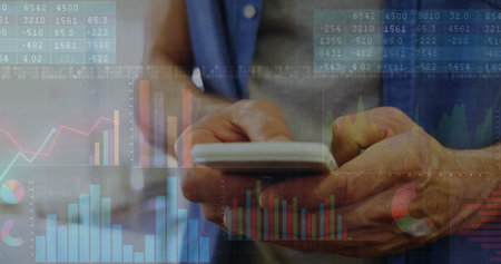 Image of financial data processing over caucasian man using smartphone. Global finance, business,...