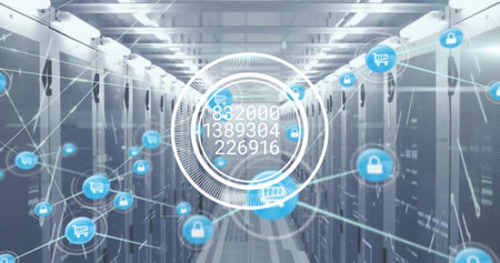 Image of network of connecions and digital data processing over computer servers. Global cyber...