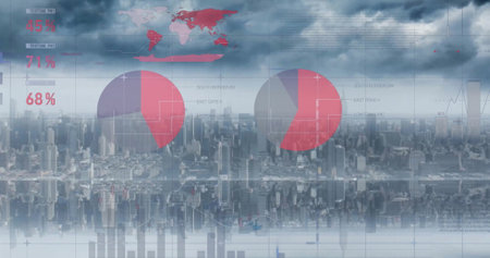 Image of charts processing data over cloudy sky and cityscape. Data, digital interface, connection, business, finance, processing and communication, digitally generated image.の写真素材