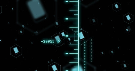 Image of scopes and scientific data processing over black background. Global science, connections,...