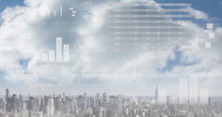 Image of charts processing data over cloudy sky and cityscape. Data, digital interface, connection,...