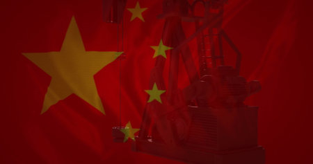 Image of flag of china over pumping oil derrick. Chinese, oil, resources, energy, economy and politics, digitally generated image.の写真素材