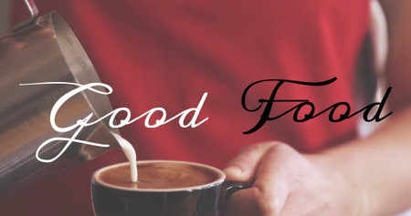 Pouring milk into coffee cup, Good Food text image over red background. beverage, drink, morning, caffeine, breakfast, dairyの写真素材