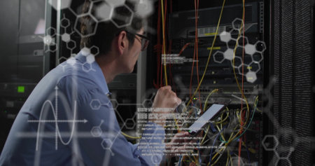 Image of data processing and chemical formula over asian businessman in server room. Global science,...