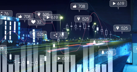 Social media engagement and analytics image over cityscape at night. Technology, digital, data,...