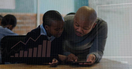 Analyzing data image over teacher and student using tablet in classroom. Education, learning, technology, digital, big data, analysisの写真素材