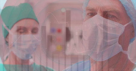 Image of statistics and data processing over diverse surgeons. Global medicine, connections, computing and data processing concept digitally generated image.の写真素材