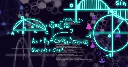 Image of scientific data processing over dark background. Global science, research, connections, computing and data processing concept digitally generated image.の写真素材