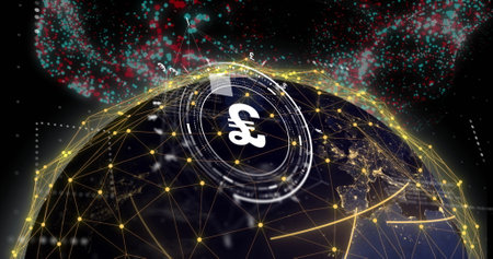 Pound currency symbol and digital network connections image over globe. Finance, technology, global, data, internet, economyの写真素材