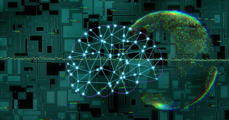 Digital brain network and data processing image over circuit board background. technology,...