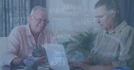 Image of data processing over caucasian senior couple using laptop. Global connections, computing...