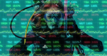 Image of financial data processing over caucasian woman scuba diving. Data, digital interface, connection, finance, vacations and hobbies, digitally generated image.の写真素材