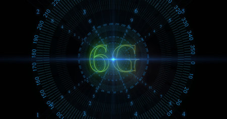 Image of 6g text, data processing and scope over dark background. Global connections, computing and data processing concept digitally generated image.の写真素材