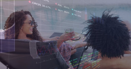 Image of charts processing data over diverse relaxing beside sunny swimming pool. Data, digital interface, connection, summer, vacations and relaxation, digitally generated image.の写真素材