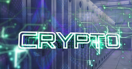 Image of crypto text over data processing and computer servers. Global business, connections,...