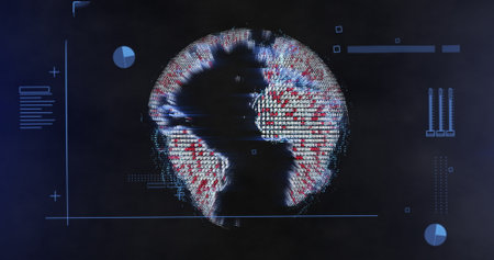 Image of data processing over globe on black background. Global technology, computing and digital interface concept digitally generated image.の写真素材