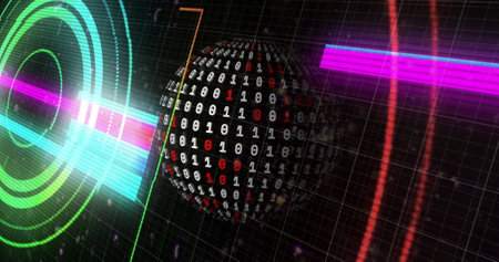 Image of scope scanning with shapes over globe with data processing on black background. Global technology, computing and digital interface concept digitally generated image.の写真素材