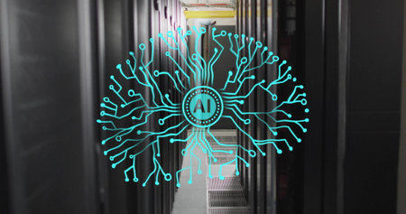 Image of circular ai scanner and motherboard brain network over computer server room. Data, digital interface, connection, processing and artificial intelligence, digitally generated image.の写真素材