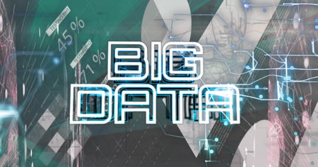 Image of big data text, network of connections over financial data processing. Global business, connections, computing and data processing concept digitally generated image.の写真素材