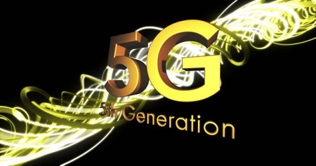Image of 5g 5th generation text over light trails on black background. Global technology, computing...