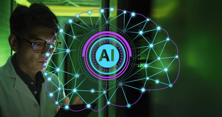 Image of circular ai scanner and brain network over asian male technician in server room. Data, digital interface, connection, processing and artificial intelligence, digitally generated image.の写真素材