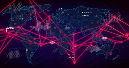Image of scientific data processing over dark background. Global science, research, connections, computing and data processing concept digitally generated image.の写真素材