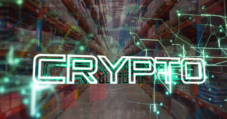 Image of tech text over data processing and connections over warehouse. Global business, connections, computing and data processing concept digitally generated image.の写真素材