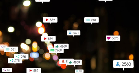 Image of icons and data processing over out of focus city. Global social media, business,...
