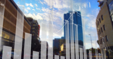 Financial bar chart and line graph image over cityscape with skyscrapers. Finance, business, data, growth, economy, statisticsの写真素材