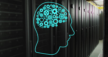 Image of flashing blue head with ai cog brain over server room. Data, digital interface, connection,...