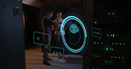 Image of ai scanner, brain and chat icons over diverse technicians in dark server room. Data,...