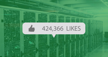 Image of likes text and digital data processing and 6g text over computer servers. Global social...