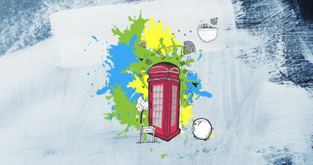 Image of retro phone box, piggy bank and wifi symbols over white paint brushstrokes. Finance, savings, connection and communication, digitally generated image.の写真素材